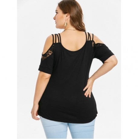 Cold Shoulder Plus Size Lace Insert T-shirt (BLACK)