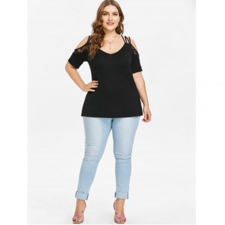 Cold Shoulder Plus Size Lace Insert T-shirt (BLACK)