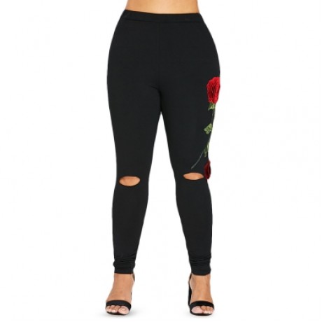 Plus Size Cut Out Floral Embroidery Leggings (BLACK)