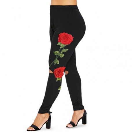 Plus Size Cut Out Floral Embroidery Leggings (BLACK)
