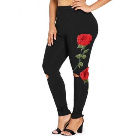 Plus Size Cut Out Floral Embroidery Leggings (BLACK)