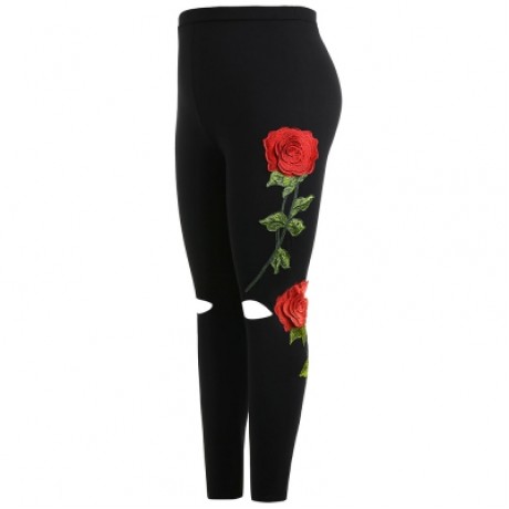 Plus Size Cut Out Floral Embroidery Leggings (BLACK)