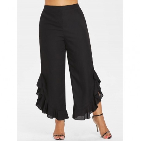 Plus Size Ruffle Wide Leg Pants (BLACK)