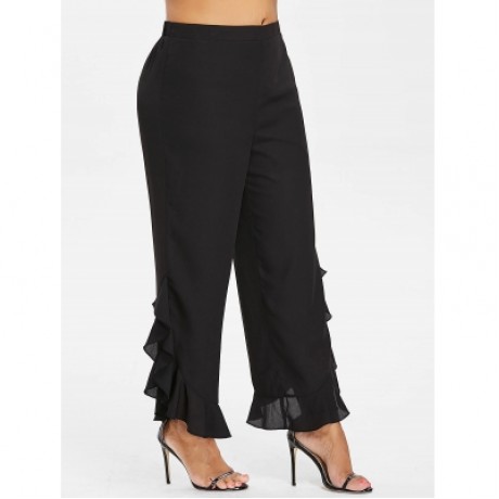 Plus Size Ruffle Wide Leg Pants (BLACK)