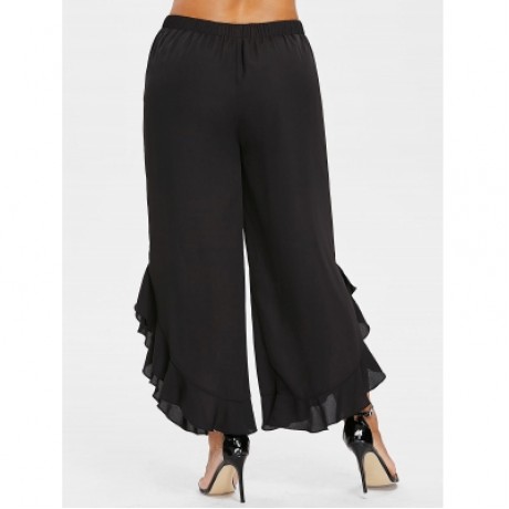 Plus Size Ruffle Wide Leg Pants (BLACK)