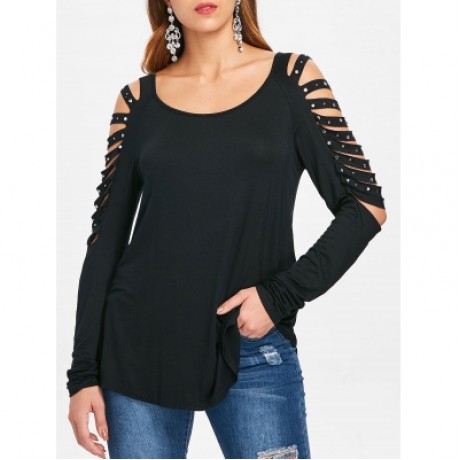 Rivet Embellished Ladder Cut Out T-shirt (BLACK)