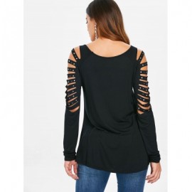 Rivet Embellished Ladder Cut Out T-shirt (BLACK)