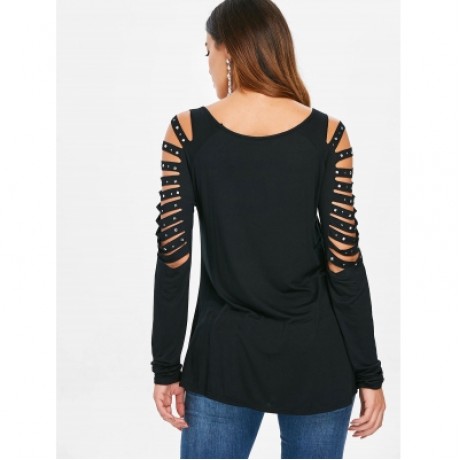 Rivet Embellished Ladder Cut Out T-shirt (BLACK)