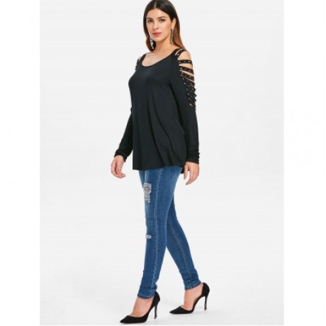 Rivet Embellished Ladder Cut Out T-shirt (BLACK)