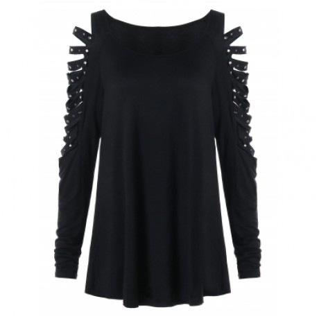 Rivet Embellished Ladder Cut Out T-shirt (BLACK)