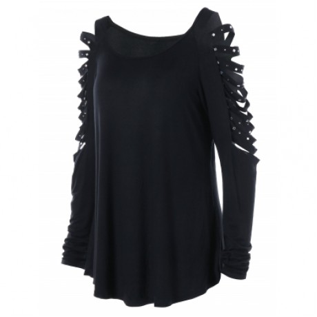 Rivet Embellished Ladder Cut Out T-shirt (BLACK)