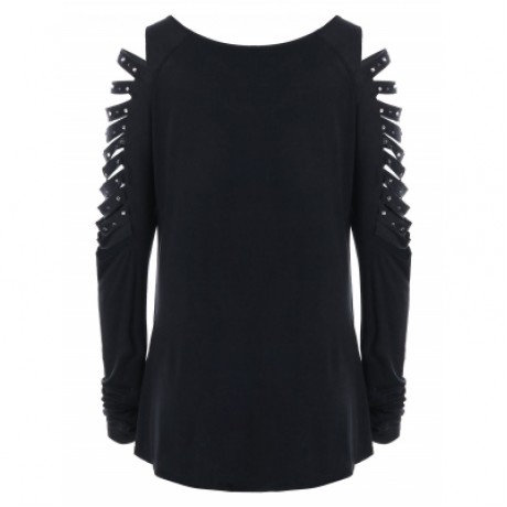 Rivet Embellished Ladder Cut Out T-shirt (BLACK)