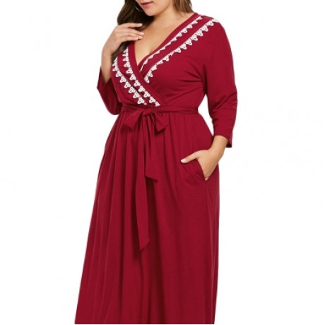 Plus Size Longline Dress with Belt (RED WINE)