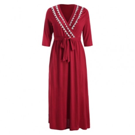 Plus Size Longline Dress with Belt (RED WINE)