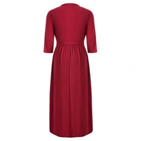 Plus Size Longline Dress with Belt (RED WINE)