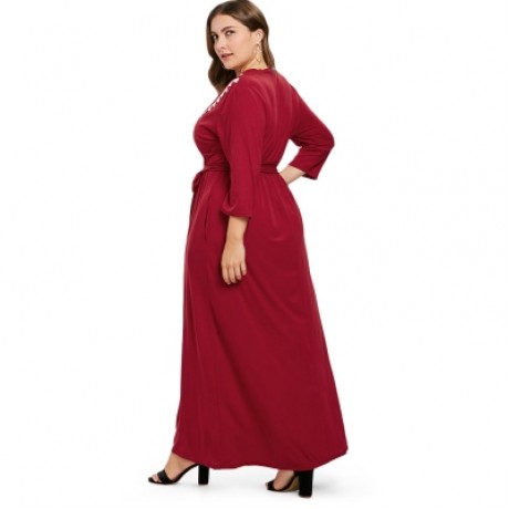 Plus Size Longline Dress with Belt (RED WINE)