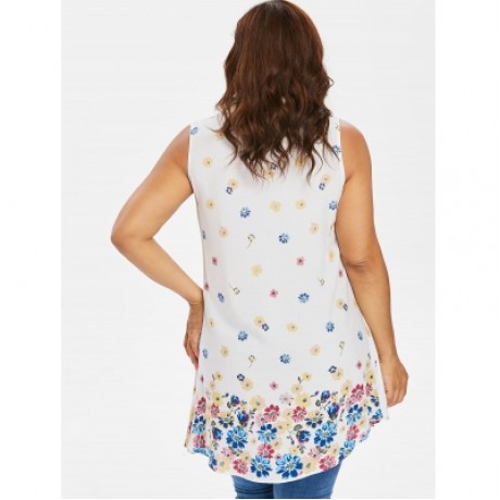 Plus Size Buttoned Floral Tank Top (WHITE)