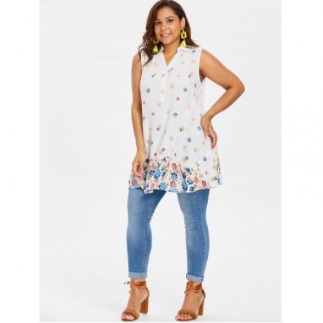 Plus Size Buttoned Floral Tank Top (WHITE)