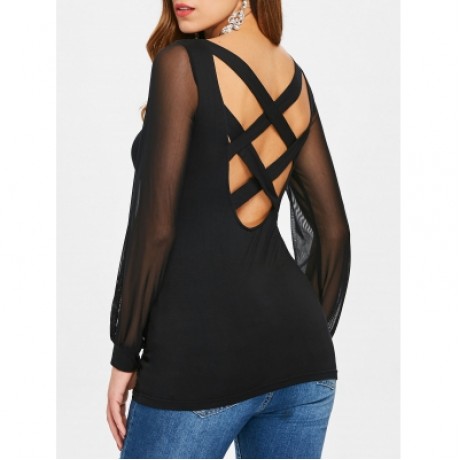Semi Sheer Mesh Insert Criss Cross T-shirt (BLACK)