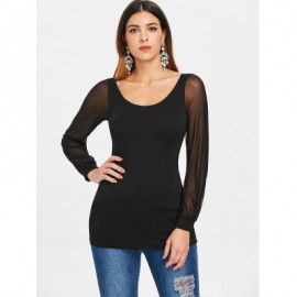 Semi Sheer Mesh Insert Criss Cross T-shirt (BLACK)