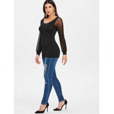 Semi Sheer Mesh Insert Criss Cross T-shirt (BLACK)