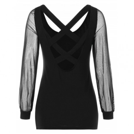 Semi Sheer Mesh Insert Criss Cross T-shirt (BLACK)