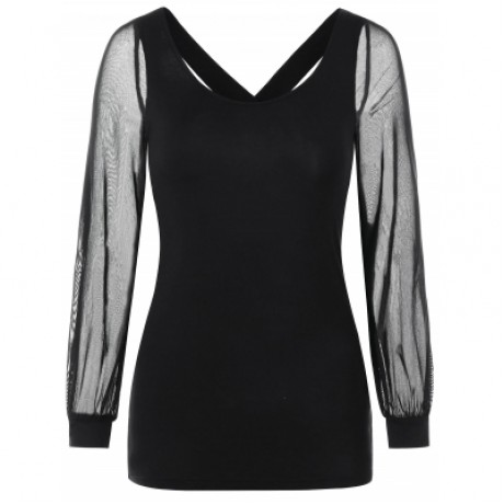 Semi Sheer Mesh Insert Criss Cross T-shirt (BLACK)