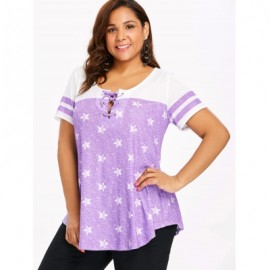 Striped Short Sleeve Star Print Plus Size T-shirt (MAUVE)