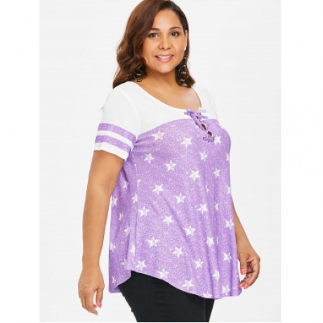 Striped Short Sleeve Star Print Plus Size T-shirt (MAUVE)