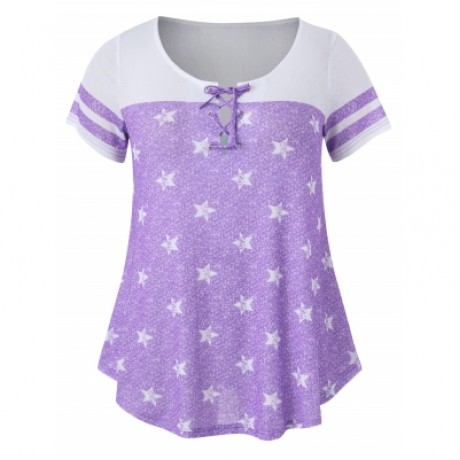 Striped Short Sleeve Star Print Plus Size T-shirt (MAUVE)