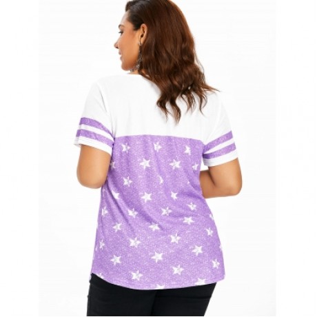 Striped Short Sleeve Star Print Plus Size T-shirt (MAUVE)