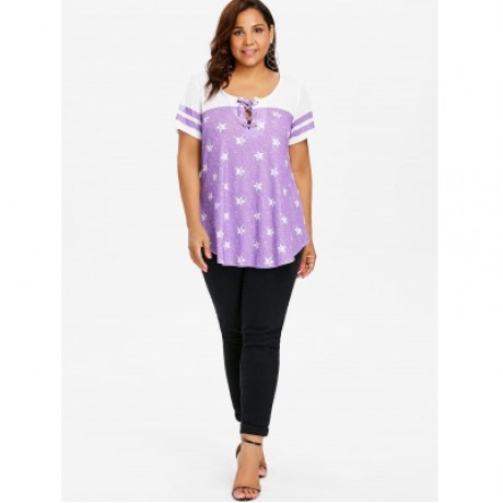 Striped Short Sleeve Star Print Plus Size T-shirt (MAUVE)