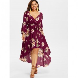 Plus Size Back Cut Out Floral Surplice Dress (RED WINE)