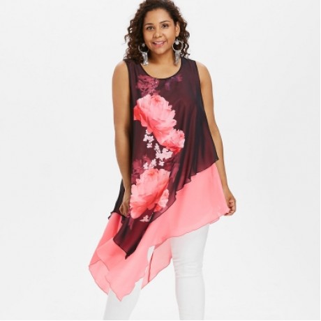 Plus Size Sleeveless Asymmetric Women Blouse (LIGHT PINK)