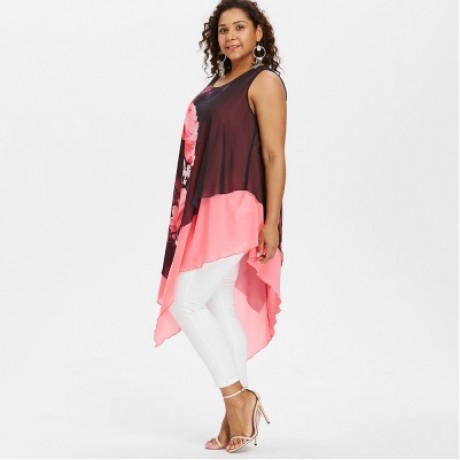 Plus Size Sleeveless Asymmetric Women Blouse (LIGHT PINK)