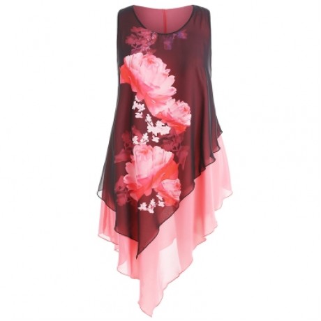 Plus Size Sleeveless Asymmetric Women Blouse (LIGHT PINK)