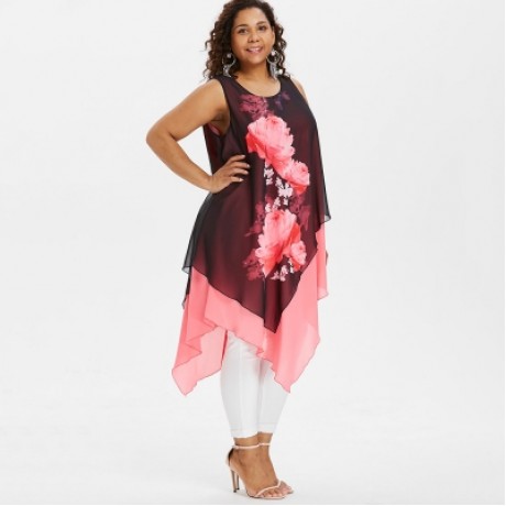 Plus Size Sleeveless Asymmetric Women Blouse (LIGHT PINK)