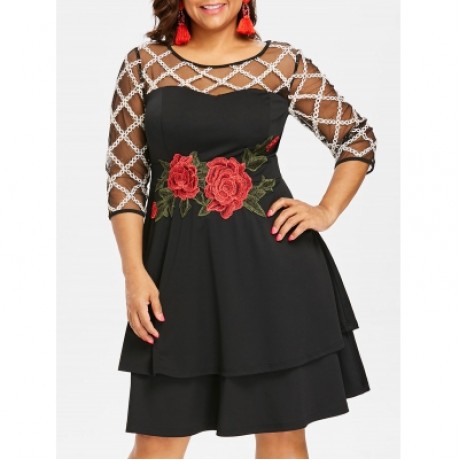 Plus Size Three Quarter Sleeve Dress (BLACK)