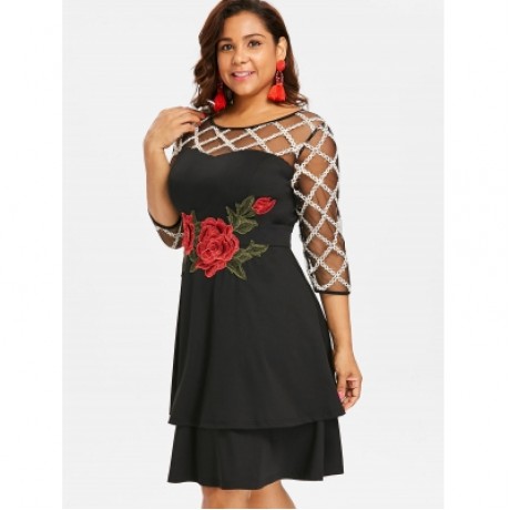 Plus Size Three Quarter Sleeve Dress (BLACK)