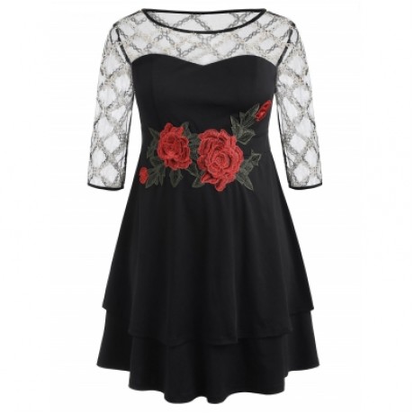 Plus Size Three Quarter Sleeve Dress (BLACK)