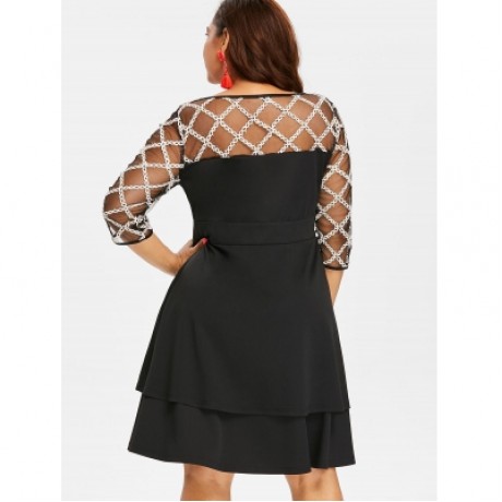 Plus Size Three Quarter Sleeve Dress (BLACK)