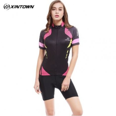 XINTOWN1 Quick-dry Short Sleeve Zipper Printed Cycling Jersey for Women (MULTI-E)