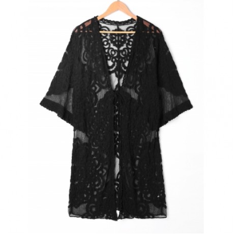 Sheer Lace Embroidered Kimono Cover Up (BLACK)