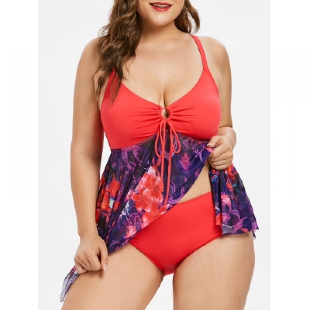 Plus Size Floral Asymmetric Tankini Swimsuit (WATERMELON PINK)