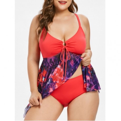 Plus Size Floral Asymmetric Tankini Swimsuit (WATERMELON PINK)