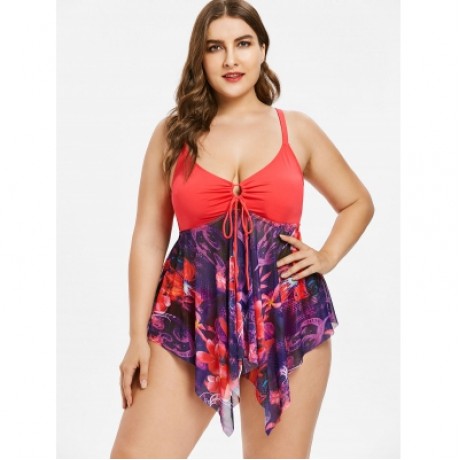 Plus Size Floral Asymmetric Tankini Swimsuit (WATERMELON PINK)