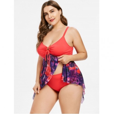 Plus Size Floral Asymmetric Tankini Swimsuit (WATERMELON PINK)