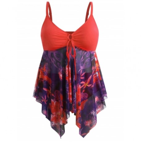 Plus Size Floral Asymmetric Tankini Swimsuit (WATERMELON PINK)