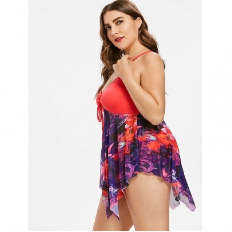 Plus Size Floral Asymmetric Tankini Swimsuit (WATERMELON PINK)