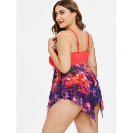 Plus Size Floral Asymmetric Tankini Swimsuit (WATERMELON PINK)